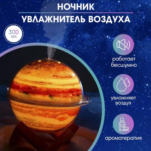 Увлажнитель (аромадиффузор) воздуха USB Galaxy Humidifier SX-E335 с функцией ночника 330 ml на подставке / Светодиодная лампа ночник / 6 цветов подсветки. САТУРН